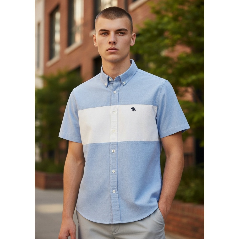 Abercrombie & Fitch Button Down XXL Blue White Colorblock Muscle Fit Oxford